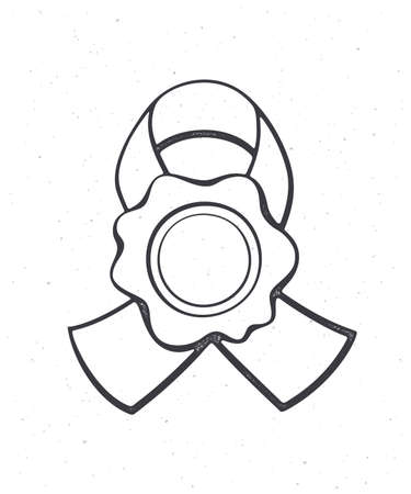 Vintage wax seal with ribbon. Security stamp for retro mail. Symbol of secret message. Outline. Vector illustration. Hand drawn sketch. Isolated white background. Graphic design for packaging, menusのイラスト素材