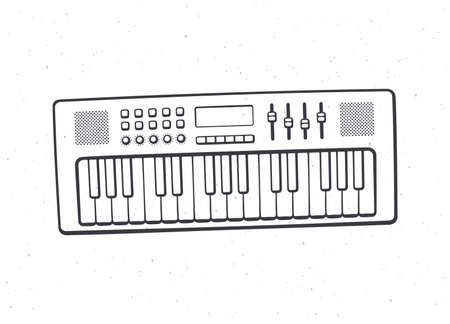 Electronic keyboard musical instrument synthesizer. Outline. Vector illustration. Modern electro piano. Pop, disco, dance, jazz equipment. Hand drawn sketch. Isolated white backgroundのイラスト素材