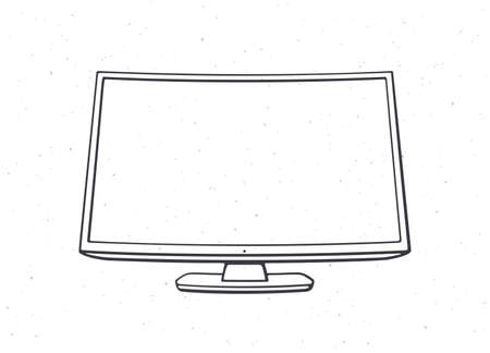 Modern digital smart TV with full ultra HD display. Outline. Vector illustration. Television box with LCD or LED flatscreen for video translation. Hand drawn sketch. Isolated white backgroundのイラスト素材