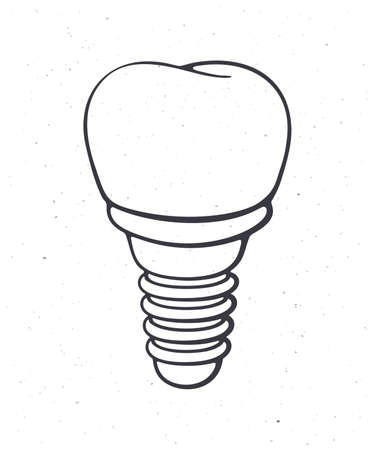 Dental implant of human tooth. Outline. Vector illustration. Symbol of somatology and oral hygiene. Fixture prothesis in dentistry. Hand drawn sketch. Isolated white backgroundのイラスト素材