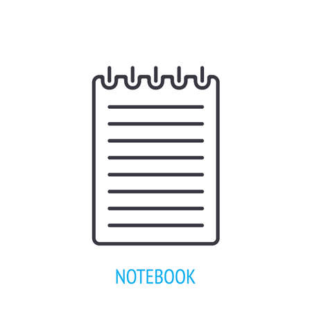 Spiral notebook with notes. Outline icon. Vector illustration. Lined paper notepad. Symbols of office supplies and education. Thin line pictogram for user interface. Isolated white backgroundのイラスト素材