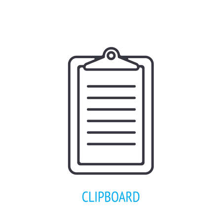 Clipboard with a clip at top. Outline icon. Vector illustration. Tablet for holding paper documents during writing or presentation. Thin line pictogram for user interface. Isolated white backgroundのイラスト素材