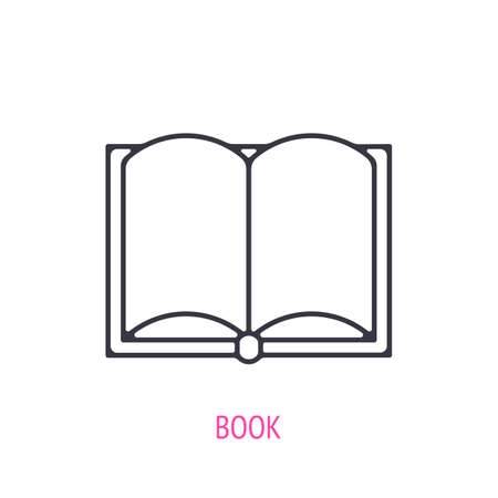 Open encyclopedic book. Outline icon. Vector illustration. Paper school textbook. Symbols of scientific research and education. Thin line pictogram for user interface. Isolated white backgroundのイラスト素材