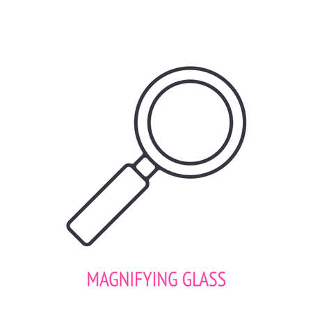 Magnifying glass outline icon. Vector illustration. Symbols of search and education. Optical instrument with glass lens. Thin line pictogram for user interface. Isolated white backgroundのイラスト素材