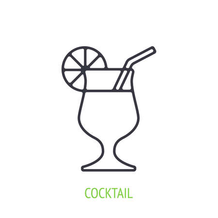 Cocktail with orange slice and straw. Outline icon. Vector illustration. Symbol of summertime, travel and all inclusive resort. Thin line pictogram for user interface. Isolated white backgroundのイラスト素材