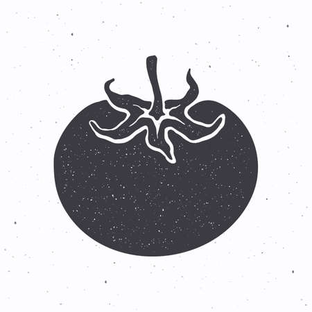 Tomato with a stem silhouette. Vector illustration. Ingredient for vegetable salad. Healthy vegetarian food. Clip-art for packaging, label, menu, signboard or showcase. Isolated on white backgroundのイラスト素材