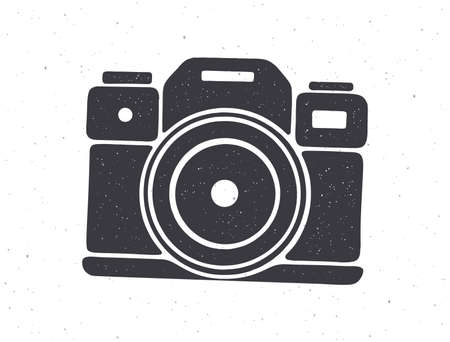 Silhouette of retro photo camera. Vector illustration. Modern digital device with lens in vintage style. Pattern for packaging, showcases, textiles, greeting cards. Isolated white backgroundのイラスト素材