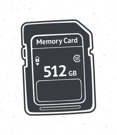 Silhouette of compact memory card. Vector illustration. Flash drive. Modern storage of digital information. Pattern for packaging, icon, showcases. Isolated white backgroundのイラスト素材