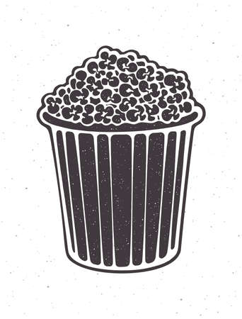 Silhouette of bucket full of popcorn. Vector illustration. Striped paper cup with junk snack. Symbol of film industry and fast food. Clipart for menus, showcases, posters. Isolated white backgroundのイラスト素材