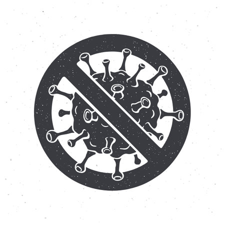 Silhouette of coronavirus cell in prohibition sign. Vector illustration. Virus cause respiratory infection covid-19. Global world epidemic. Deadly corona bacteria. Isolated white backgroundのイラスト素材