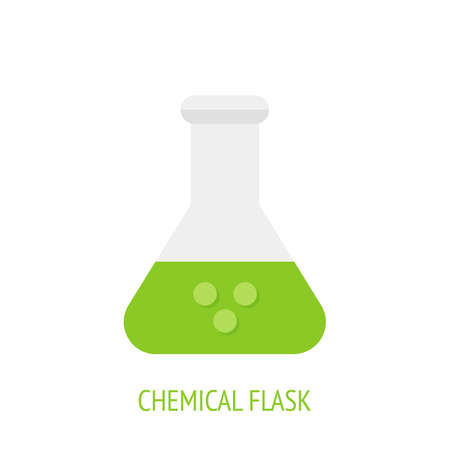 Triangular flask with acid for chemical laboratory. Vector flat icon. Symbols of scientific research and education. Pictogram for user interface. Isolated white backgroundのイラスト素材
