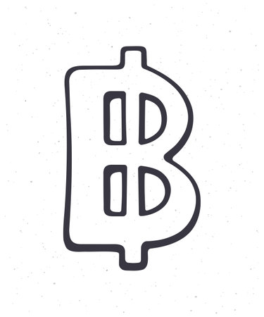 Hand drawn doodle of Thai baht sign. Outline vector illustration. The symbol of world currencies. Design element isolated on white backgroundのイラスト素材