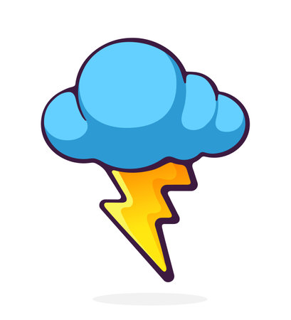 Cloud with lightning strike. Weather symbol. Vector illustration. Hand drawn cartoon clip art with outline. Isolated on white backgroundのイラスト素材