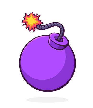 Ball shaped bomb with a burning fuse rope. Vector illustration. Hand drawn cartoon clip art with outline. Isolated on white backgroundのイラスト素材