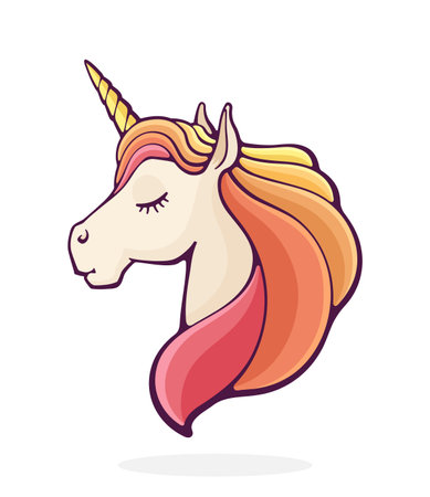 Fairy tale sleeping unicorn. Magic horse with horn. Vector illustration. Hand drawn cartoon clip art with outline. Isolated on white backgroundのイラスト素材