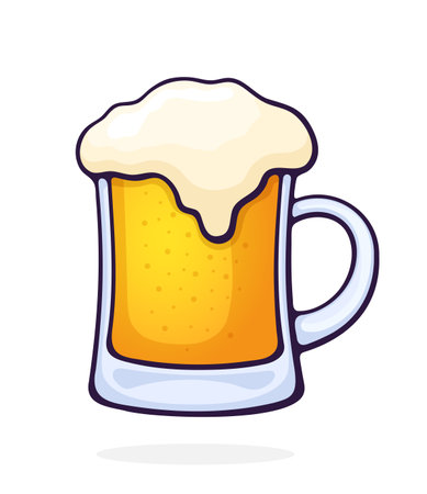 A mug of beer with foam. Glass of alcohol drink. Vector illustration. Hand drawn cartoon clip art with outline. Isolated on white backgroundのイラスト素材