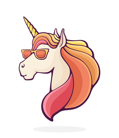 Cool fairytale unicorn in sunglasses. Magic horse. Vector illustration. Hand drawn cartoon clip art with outline. Isolated on white backgroundのイラスト素材