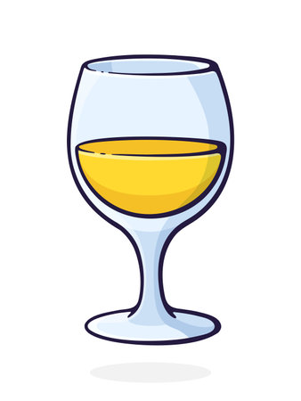 A glass of white wine. Glass goblet of alcohol drink. Vector illustration. Hand drawn cartoon clip art with outline. Isolated on white backgroundのイラスト素材