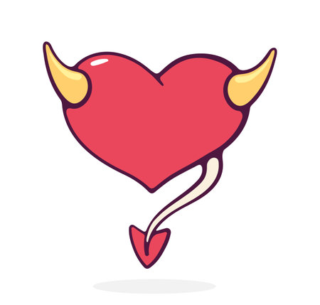 Heart with horns and tail. Valentines Day symbol. Vicious Angel. Vector illustration. Hand drawn cartoon clip art with outline. Isolated on white backgroundのイラスト素材