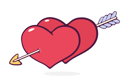 Two hearts wounded by an arrow. Valentines Day and love symbol. Vector illustration. Hand drawn cartoon clip art with outline. Isolated on white backgroundのイラスト素材