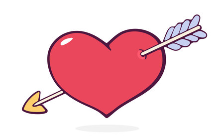 Heart wounded by an arrow. Valentines Day and love symbol. Vector illustration. Hand drawn cartoon clip art with outline. Isolated on white backgroundのイラスト素材