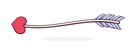 Cupid Arrow Curved by Wave with Heart Shaped Tip. Valentines Day Symbol. Vector Illustration. Hand drawn Cartoon Clip Art with Outline. Design Element Isolated on White Backgroundのイラスト素材