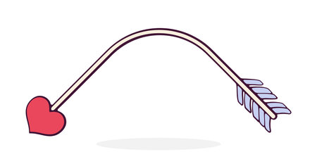 Cupid Arrow Curved by Big Arc with Heart Shaped Tip. Valentines Day Symbol. Vector Illustration. Hand drawn Cartoon Clip Art with Outline. Design Element Isolated on White Backgroundのイラスト素材