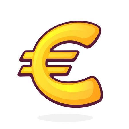 Golden Euro Sign. European Union Currency Symbol. Vector illustration. Hand drawn cartoon clip art with outline. Graphic element for design. Isolated on white backgroundのイラスト素材
