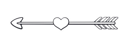 Outline of Cupid Arrow with Pierced Heart in the Middle. Valentines Day Symbol. Vector Illustration. Hand drawn Doodle Clip Art. Design Element Isolated on White Backgroundのイラスト素材