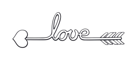 Outline of Cupid Arrow Curved into the Word Love with a Heart Shaped Tip. Valentines Day Symbol. Vector Illustration. Hand drawn Doodle Clip Art. Design Element Isolated on White Backgroundのイラスト素材