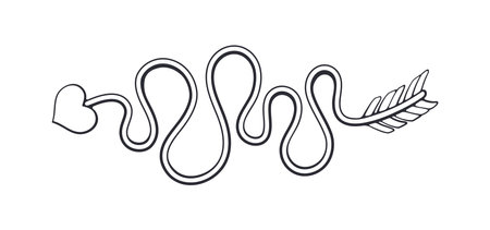 Outline of Cupid Arrow Curved by Curl Waves with Heart Shaped Tip. Valentines Day Symbol. Vector Illustration. Hand drawn Doodle Clip Art. Design Element Isolated on White Backgroundのイラスト素材