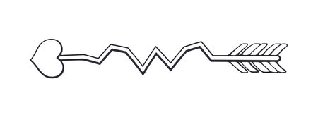 Outline of Cupid Arrow Curved by Zigzag with Heart Shaped Tip. Valentines Day Symbol. Vector Illustration. Hand drawn Doodle Clip Art. Design Element Isolated on White Backgroundのイラスト素材