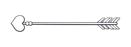 Outline of Decorated Cupid Arrow with a Heart Shaped Tip. Valentines Day Symbol. Vector Illustration. Hand drawn Doodle Clip Art. Design Element Isolated on White Backgroundのイラスト素材