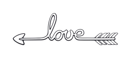 Outline of Cupid Arrow Curved into the Word Love. Valentines Day Symbol. Vector Illustration. Hand drawn Doodle Clip Art. Design Element Isolated on White Backgroundのイラスト素材