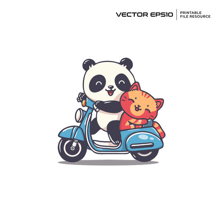 Panda riding scooter character, illustration, mascot, logo, design, vector, eps 10のイラスト素材