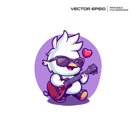 A chicken playing a guitar character, illustration, mascot, logo, design, vector, eps 10のイラスト素材