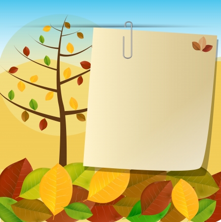 Card pinned to autumn background with trees and colorful foliage のイラスト素材