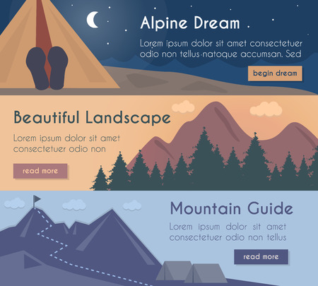 Vector banners illustration set  mountain hiking in the beautiful landscape with mountain guide.のイラスト素材