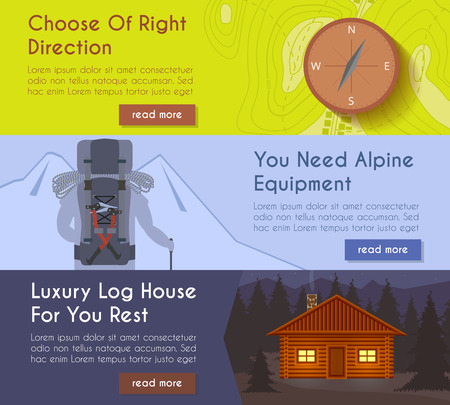 Vector hiking banners - compass and tourist map, hiking equipment, log houseのイラスト素材