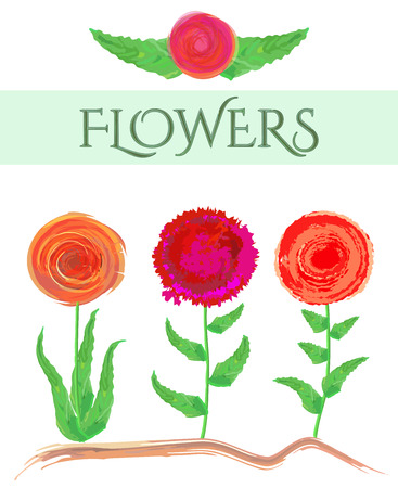 Illustrated set of three abstract flowers on a white background. Watercolors vector graphic concept for different use.のイラスト素材