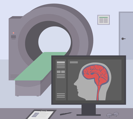Radiologic room with a computer tomograph. MRI / CT diagnostic scanner and monitor to scan the human brain on the screen. Vector illustration.のイラスト素材
