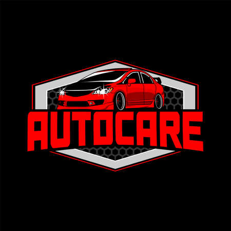 Automotive car care logo design with black and red sports vehicle isolated on black background. Vector illustration.のイラスト素材