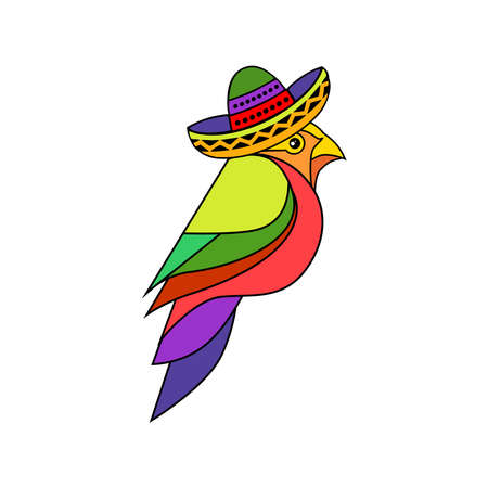Cute cartoon rainbow bird with mexican hat, a bird isolated on a white backgroundのイラスト素材