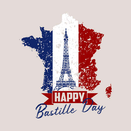 French National Day, 14th of July. Grunge effect in colors of the national flag of France with Eiffel tower and hand lettering Happy Bastille Day. Vector illustration.のイラスト素材