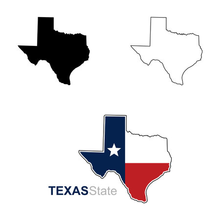 Set of Texas map vector. Solid black shilouette, black outline, texas map with flag.のイラスト素材