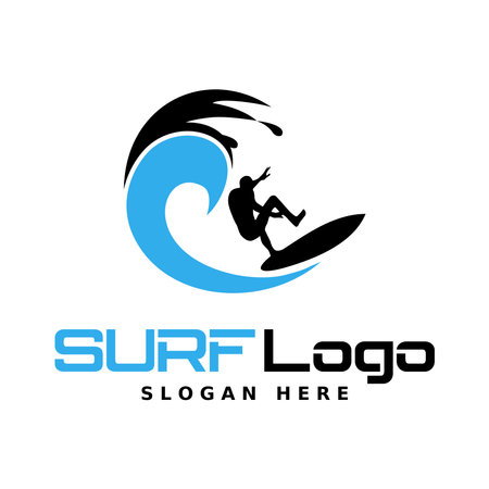 Surf logo with man silhouette, board and sea waves water in a round shape.のイラスト素材