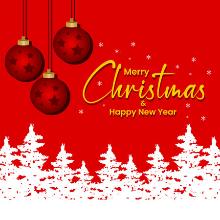 Christmas and New Year card with christmas ornament balls, snow, pine trees on a red background. Vector Illustration.のイラスト素材