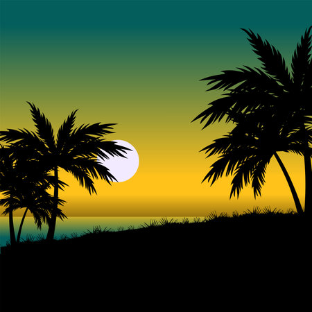 Sunset view at the beach with palm tree silhouette vectorのイラスト素材