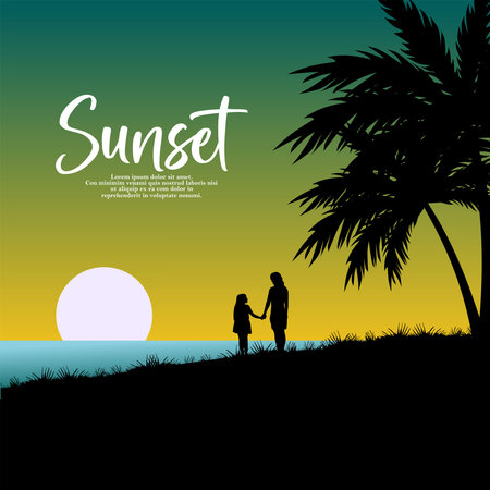Silhouette of mother and child enjoying the sunset on the beach. Vector illustration.のイラスト素材