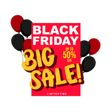 Black Friday sale flyer template. Red and black balloons for seasonal discount offer. Vector illustrationのイラスト素材